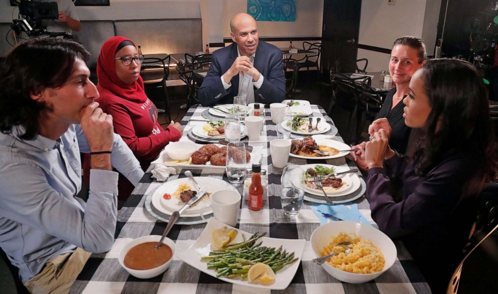 PHOTO: ABC News Correspondent Linsey Davis moderates a conversation with 2020 Democratic presidential candidate Cory Booker and three undecided voters at a restaurant in Newark, N.J., for the next installment of "Around the Table."