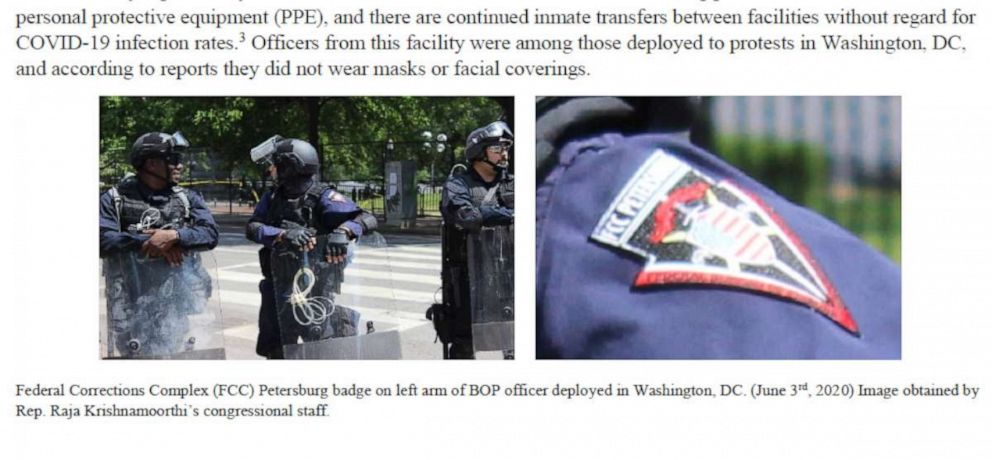 PHOTO: A photo of a Bureau of Prisons officer deployed to a protest in Washington, D.C., appears in a letter from members of Congress to Michael Carvajal, Director of the Bureau of Prisons.