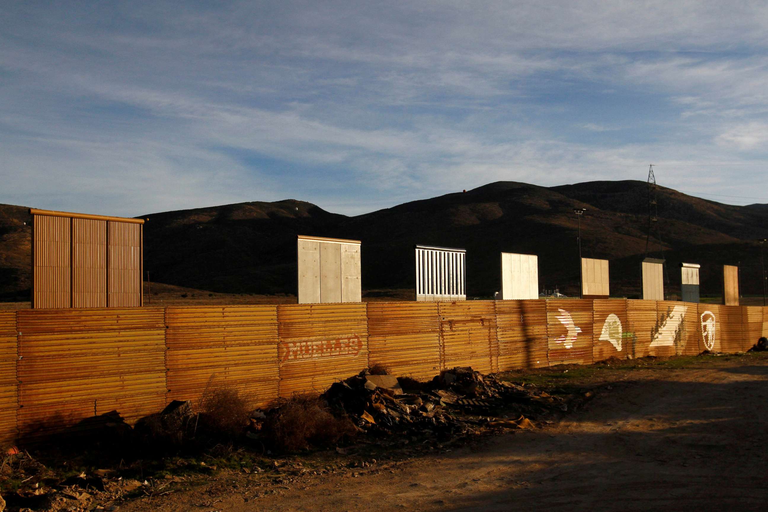 PHOTO: Prototypes for the border wall with Mexico are seen behind the current border fence in Tijuana, Mexico, Jan. 27, 2018.