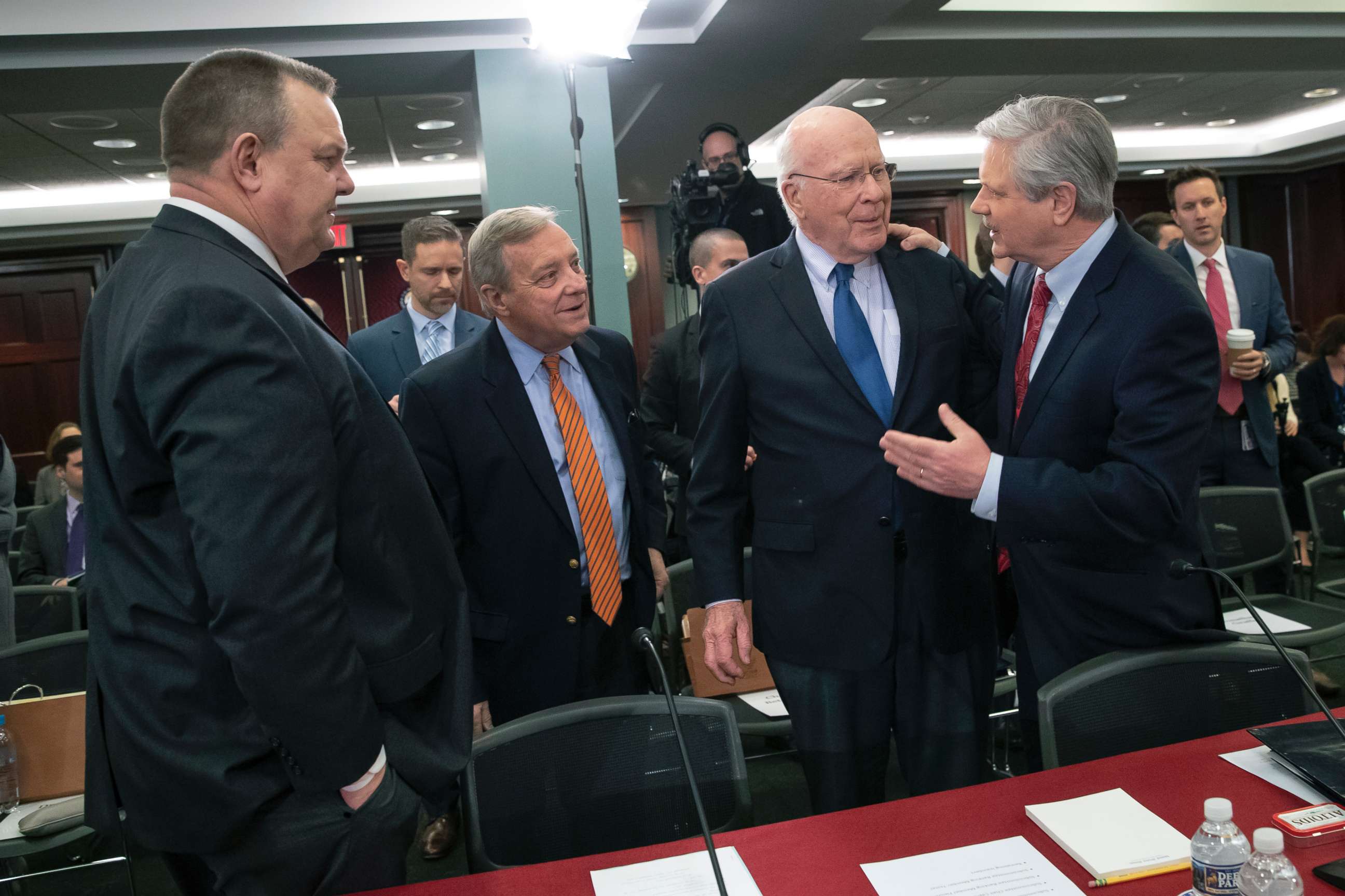 PHOTO: From left, senators, Jon Tester, Dick Durbin, Patrick Leahy and John Hoeven talk before a bipartisan group of House and Senate bargainers to craft a border security compromise at the Capitol in Washington, Jan. 30, 2019.