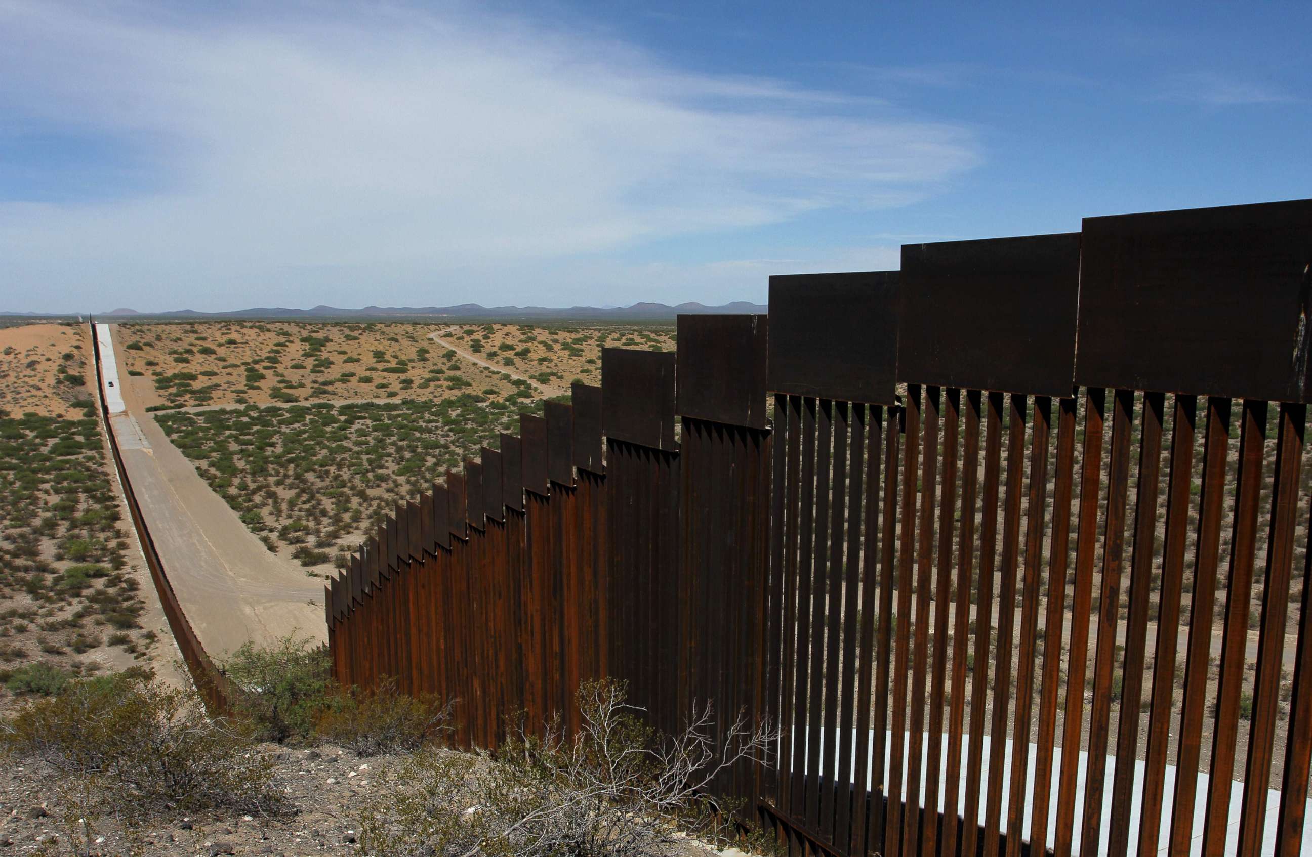 PHOTO: A portion of the wall on the US-Mexico border seen from Chihuahua State in Mexico, Aug. 28, 2019.