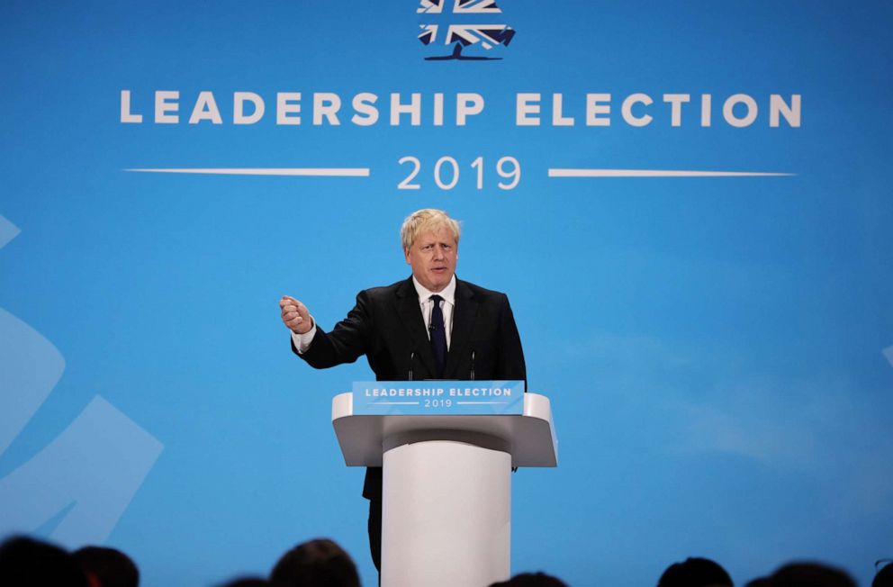 PHOTO: Boris Johnson talks at the final hustings of the Conservative leadership campaign at ExCeL London on July 17, 2019 in London, England.