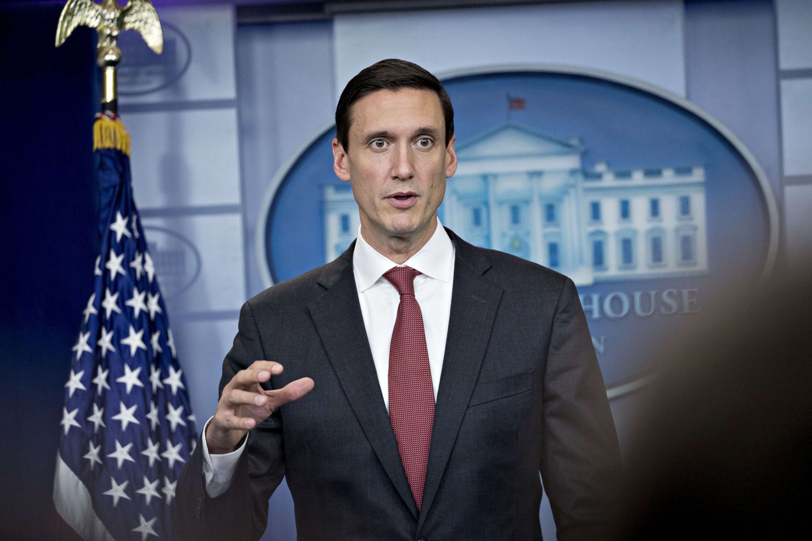 PHOTO: FILE: Tom Bossert, assistant to U.S. President Donald Trump for the U.S. Department of Homeland Security, speaks during a White House press briefing in Washington, D.C., U.S., on Friday, Sept. 8, 2017.