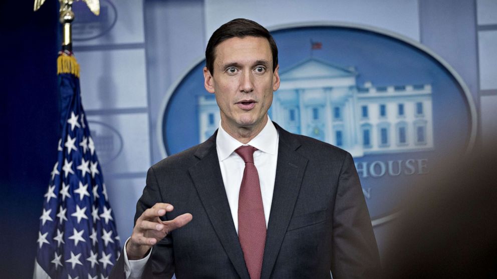 PHOTO: FILE: Tom Bossert, assistant to U.S. President Donald Trump for the U.S. Department of Homeland Security, speaks during a White House press briefing in Washington, D.C., U.S., on Friday, Sept. 8, 2017.