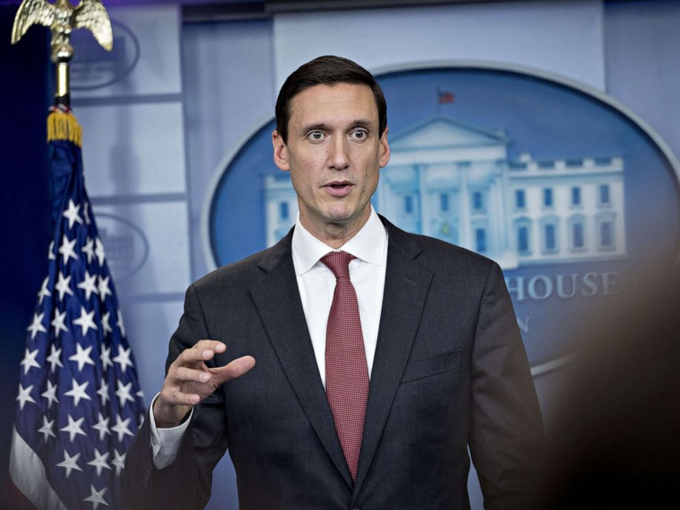 PHOTO: FILE: Tom Bossert, assistant to U.S. President Donald Trump for the U.S. Department of Homeland Security, speaks during a White House press briefing in Washington, D.C., U.S., on Friday, Sept. 8, 2017.