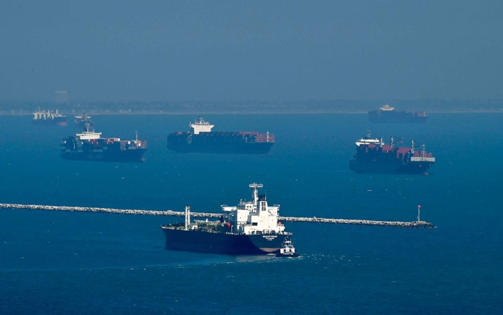 PHOTO: With holiday peak shipments approach their peak, cargo ship congestion continues at the Ports of Los Angeles and Long Beach as seen here from the Port of LA/Marine Exchange in Los Angeles, Sept. 15, 2021.