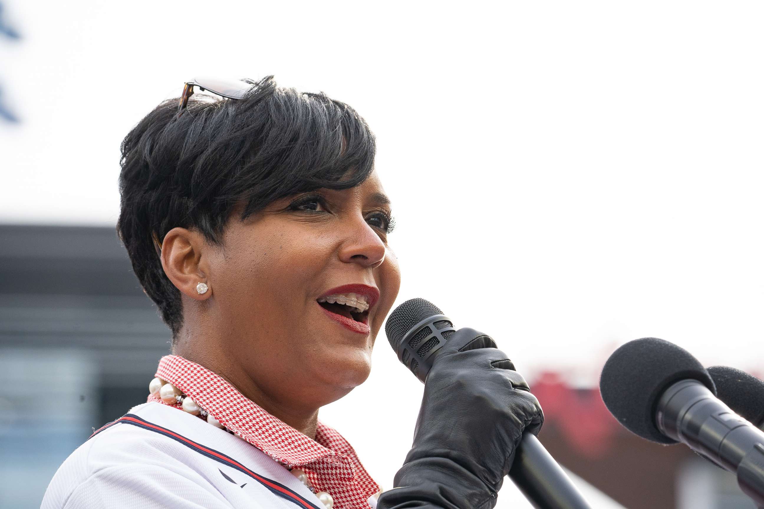 PHOTO: Atlanta Mayor Keisha Lance Bottoms and members of the Atlanta Braves team speak following the World Series Parade at Truist Park, Nov. 5, 2021 in Atlanta.