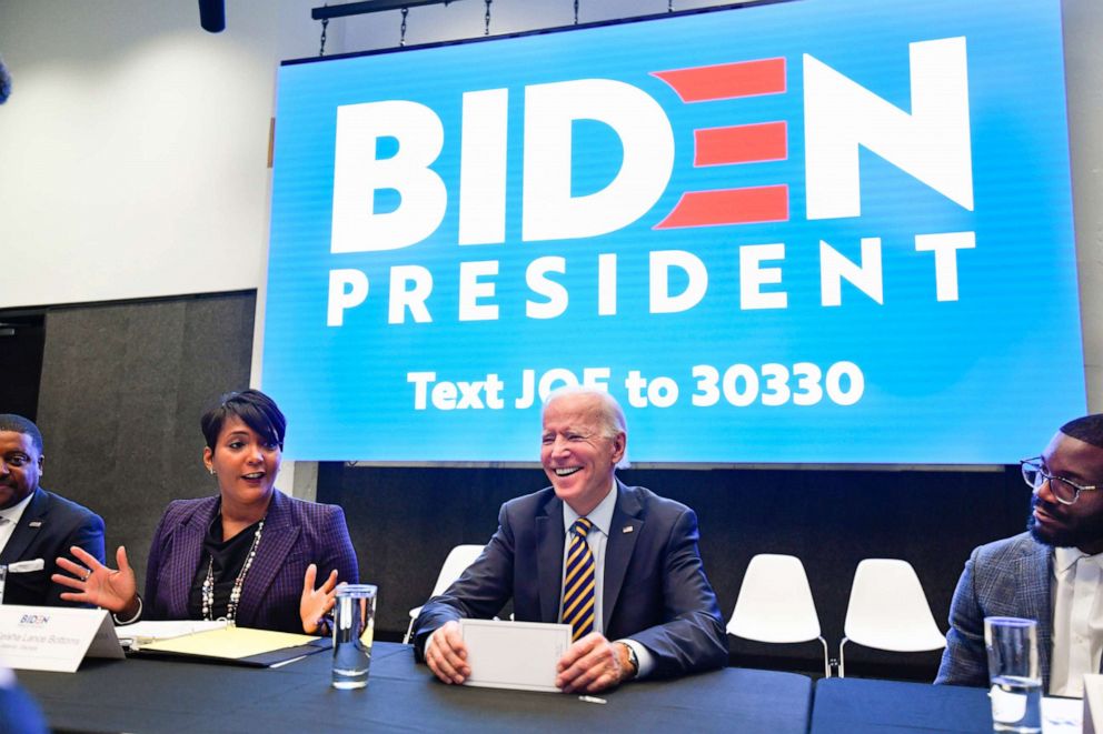 PHOTO: Vice President and 2020 Democratic presidential candidate Joe Biden reacts as he is introduced by Atlanta mayor Keisha Lance Bottoms during an assembly of Southern black mayors, Nov. 21, 2019, in Atlanta. 