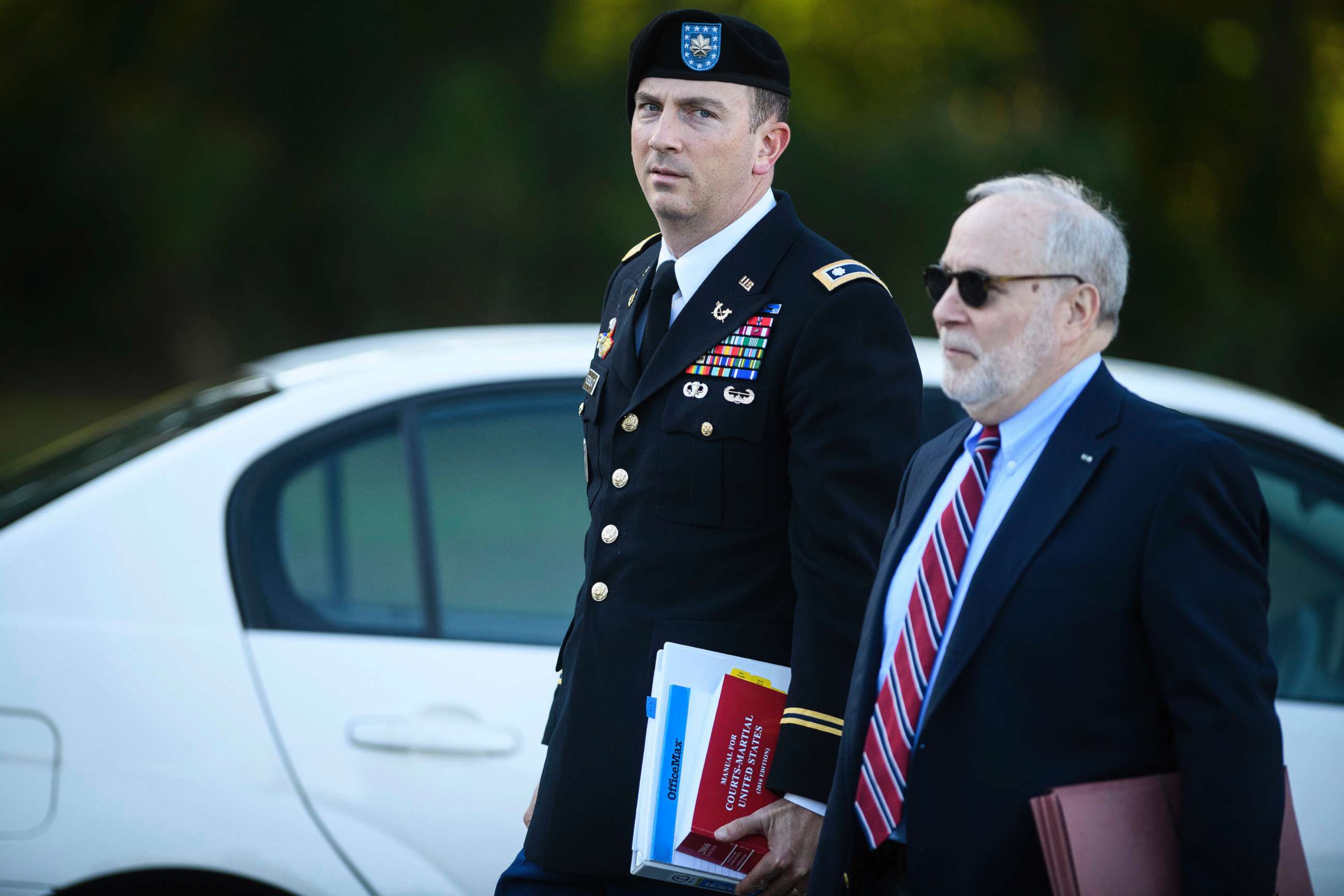 PHOTO: Sgt. Bowe Bergdahl's military attorney, Lt. Col. Franklin Rosenblatt, and his civilian attorney, Eugene Fidell, arrive at the Fort Bragg courthouse for a sentencing hearing on Wednesday, Oct. 25, 2017, on Fort Bragg, N.C.