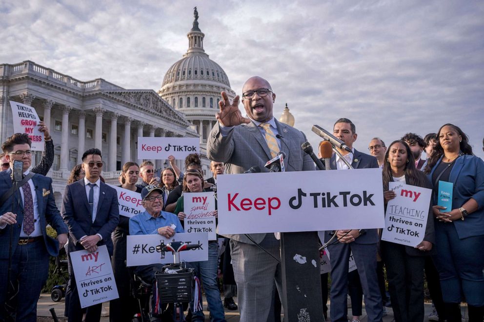 PHOTO: Rep. Jamaal Bowman leads a rally to defend TikTok at the Capitol, March 22, 2023.