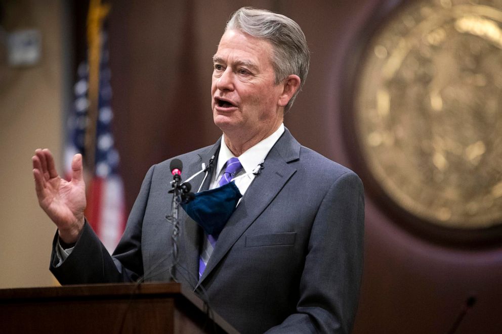 PHOTO: Idaho Gov. Brad Little gestures during a press conference in Boise, Idaho, Oct. 1, 2020. Little signed legislation in May 10, 2021, aimed at thwarting a half-dozen executive actions by President Joe Biden to combat gun violence. 