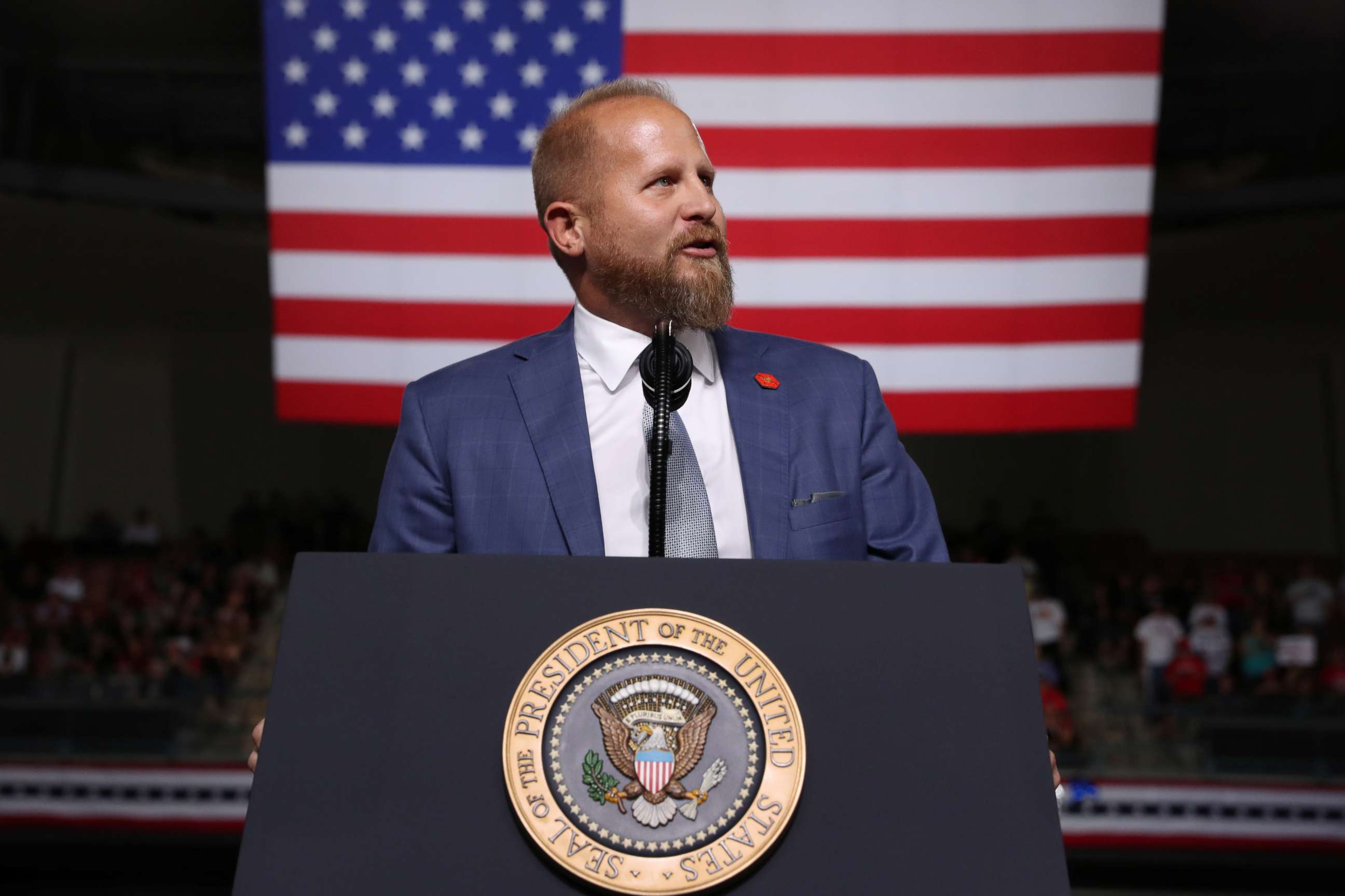 PHOTO: Trump 2020 campaign manager Brad Parscale addresses the crowd before U.S. President Donald Trump rallies with supporters in Manchester, N.H., Aug. 15, 2019.