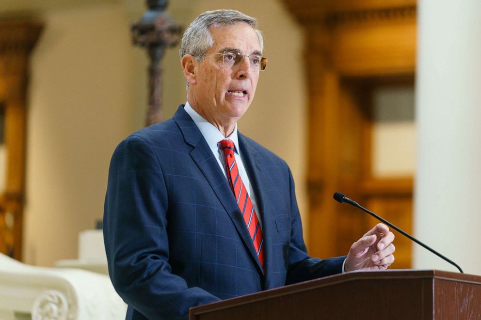 PHOTO: Georgia Secretary of State Brad Raffensperger speaks to the media about early voting progress on Oct. 25, 2022, in Atlanta.