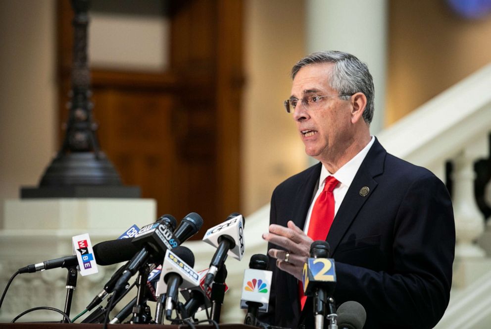 PHOTO: Georgia Secretary of State Ben Raffensperger holds a press conference on the status of ballot counting on Nov. 6, 2020, in Atlanta.