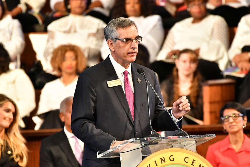 PHOTO: Brad Raffensperger, Georgia Secretary of State speaks onstage during 2020 Martin Luther King, Jr. Commemorative Service at Ebenezer Baptist Church on Jan. 20, 2020 in Atlanta, Ga.