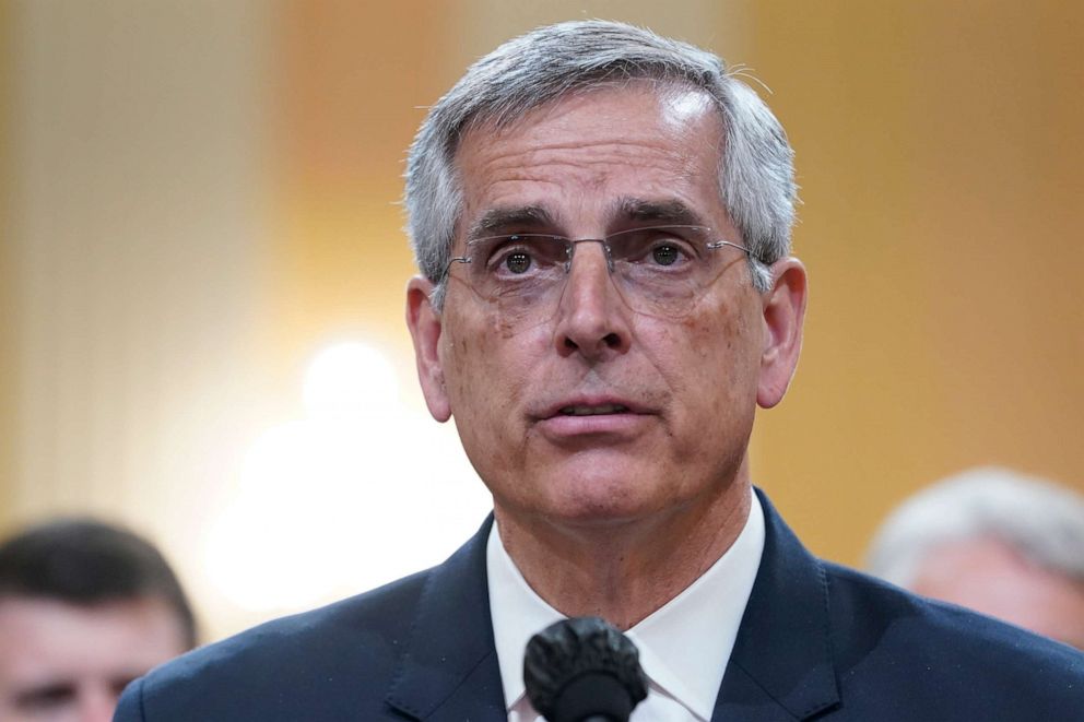 PHOTO: Brad Raffensperger, Georgia secretary of state, testifies as the House select committee investigating the Jan. 6 attack on the U.S. Capitol continues to reveal its findings of a year-long investigation, at the Capitol in Washington, June 21, 2022.