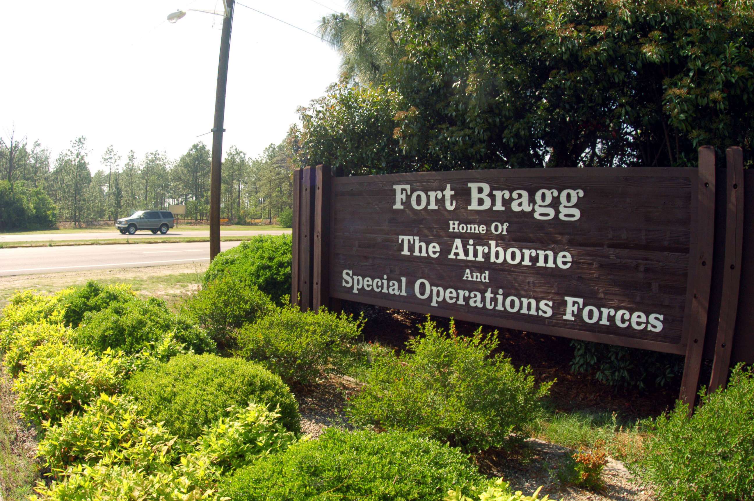PHOTO: A sign shows Fort Bragg information, May 13, 2004 in Fayettville, North Carolina.