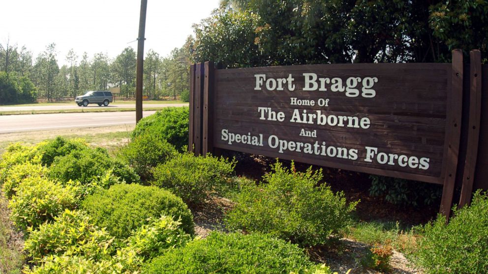 PHOTO: A sign shows Fort Bragg information, May 13, 2004 in Fayettville, North Carolina.