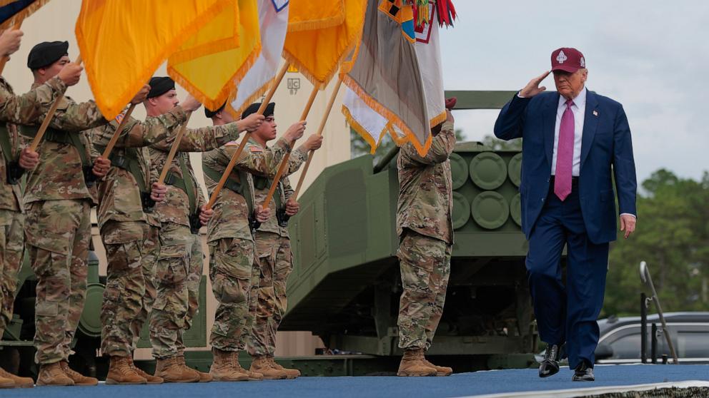 PHOTO: President Donald Trump takes the stage during a rally with U.S. Army troops, June 10, 2025, at Fort Bragg, North Carolina.