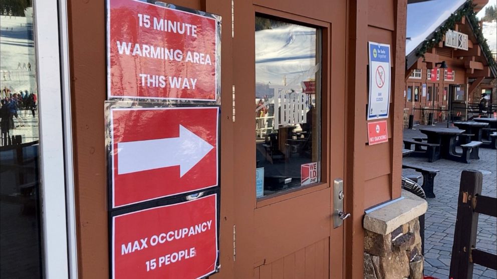 PHOTO: Signs for social distancing are seen at Breckenridge Ski Resort in Colorado, Jan. 2, 2021.