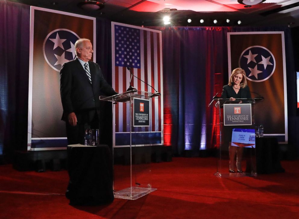 PHOTO: Democratic candidate and train Gov. Phil Bredesen and Republican Rep. Marsha Blackburn wait for the start of the Tennessee U.S. Senate debate at The University of Tennessee, Oct. 10, 2018, in Knoxville, Tenn.