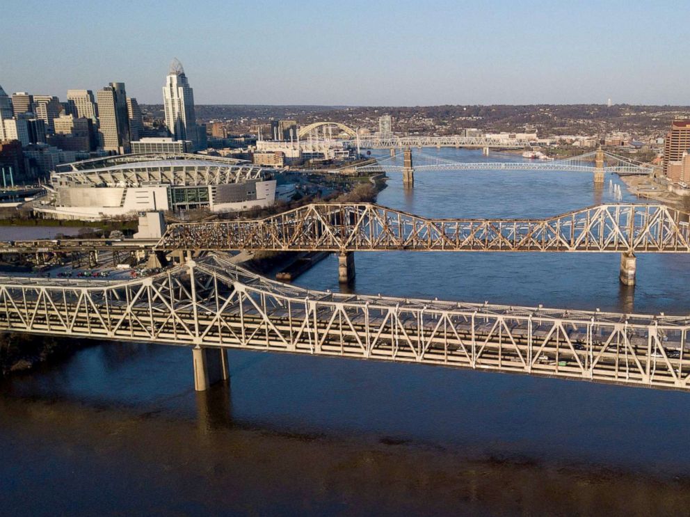 PHOTO: The Brent Spence Bridge spans the Ohio River on the Ohio-Kentucky border in Cincinnati, Ohio, April 2, 2021.