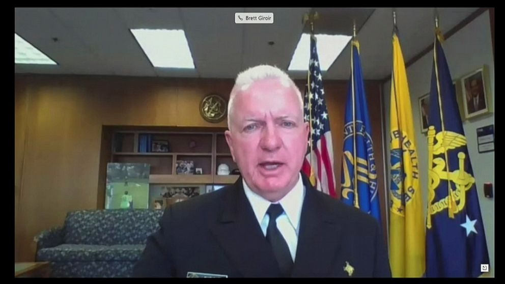 PHOTO: Assistant Health and Human Services Secretary for Health Admiral Brett Giroir testifies remotely during a Senate Committee for Health, Education, Labor, and Pensions hearing on the coronavirus disease in Washington.