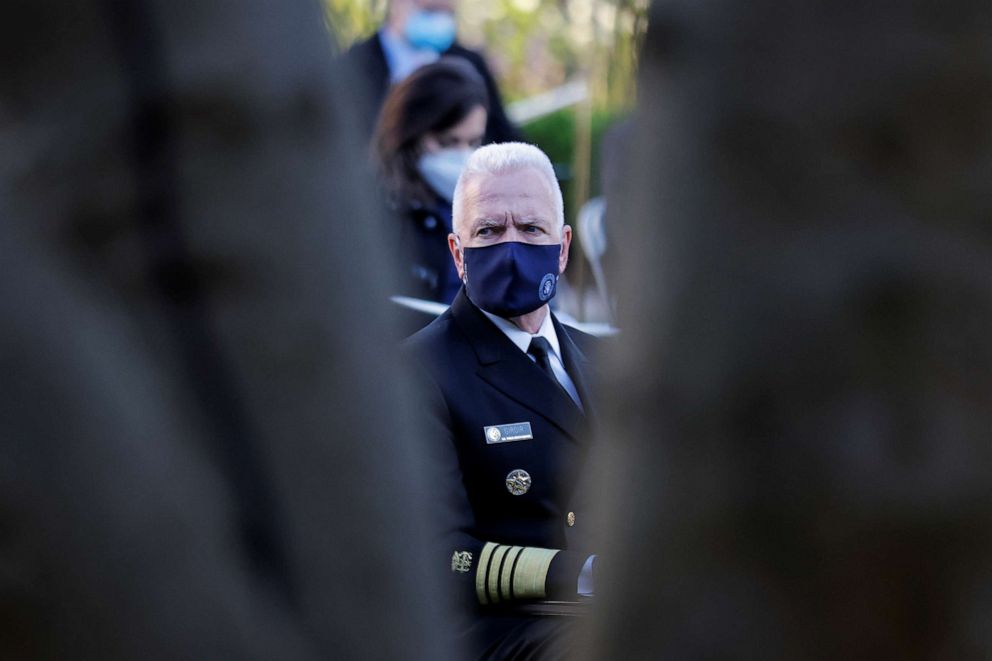 PHOTO: Assistant Health and Human Services Secretary Brett Giroir is seated prior to President Donald Trump delivering an update on the Operation Warp Speed program in the Rose Garden at the White House in Washington, D.C., Nov. 13, 2020.