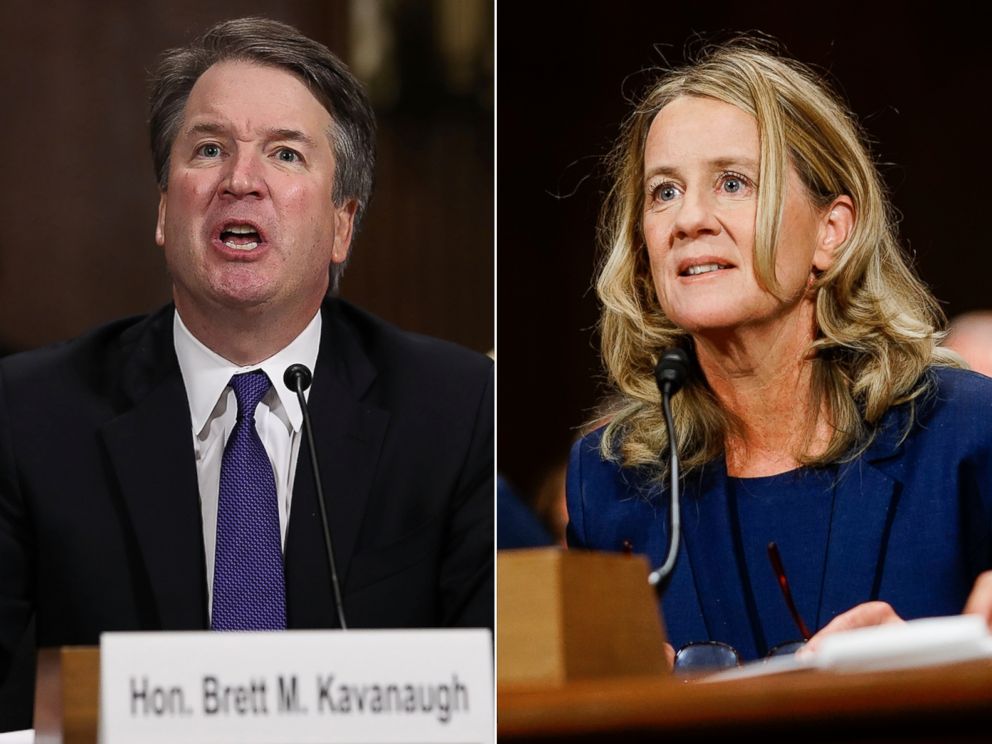 PHOTO: Pictured (L-R) Judge Brett Kavanaugh testifies and Christine Blasey Ford answers questions at a Senate Judiciary Committee hearing on Capitol Hill in Washington, Sept. 27, 2018.