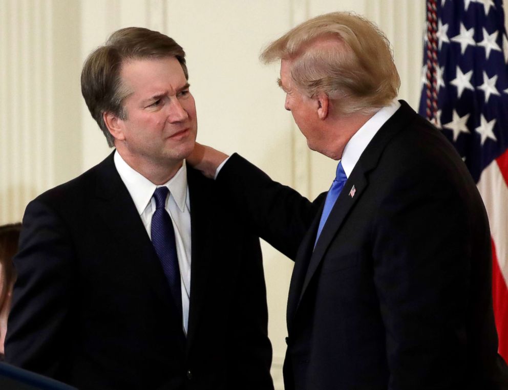 PHOTO: President Donald Trump greets Judge Brett Kavanaugh, his Supreme Court nominee, in the East Room of the White House, July 9, 2018, in Washington.