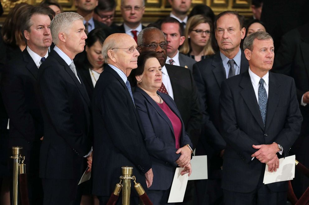 PHOTO: Third from left, Associate Supreme Court Justice Stephen Breyer, attends a memorial service, along with his colleagues, for former President George H.W. Bush, Dec. 3, 2018, in Washington, D.C.