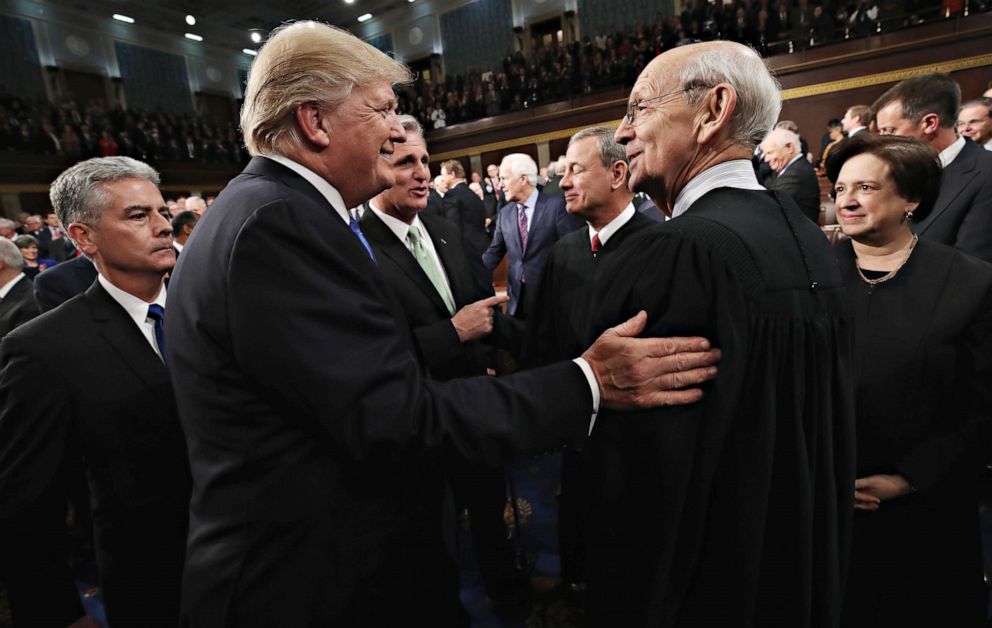 PHOTO: President Donald Trump, second right, greets Stephen Breyer, associate justice of the Supreme Court, right, ahead of a State of the Union address to a joint session of Congress at the U.S. Capitol in Washington, D.C., Jan. 30, 2018.
