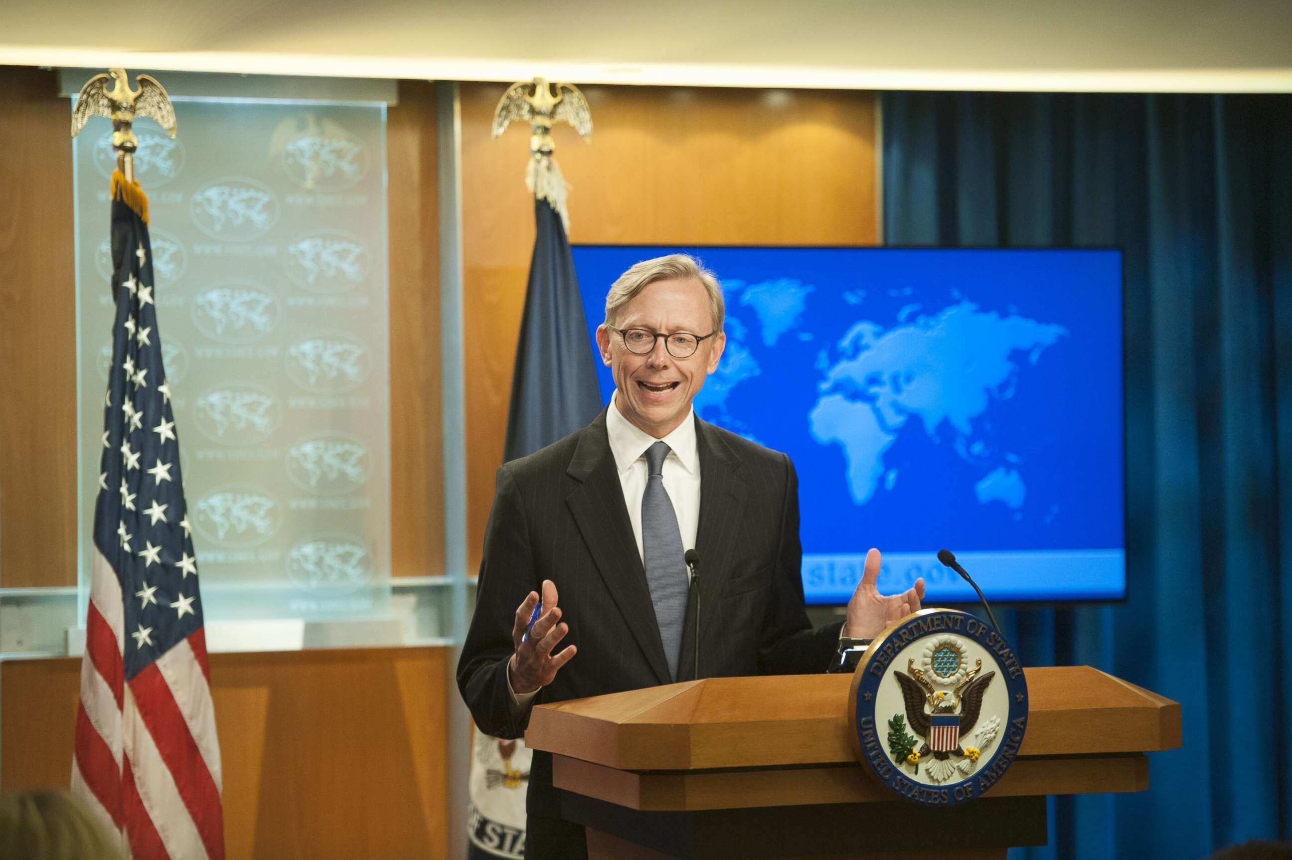 PHOTO: Director of Policy Planning Brian Hook fields questions from journalists during the announcement of the creation of the Iran Action Group at the Department of State on Aug. 16, 2018 in Washington.