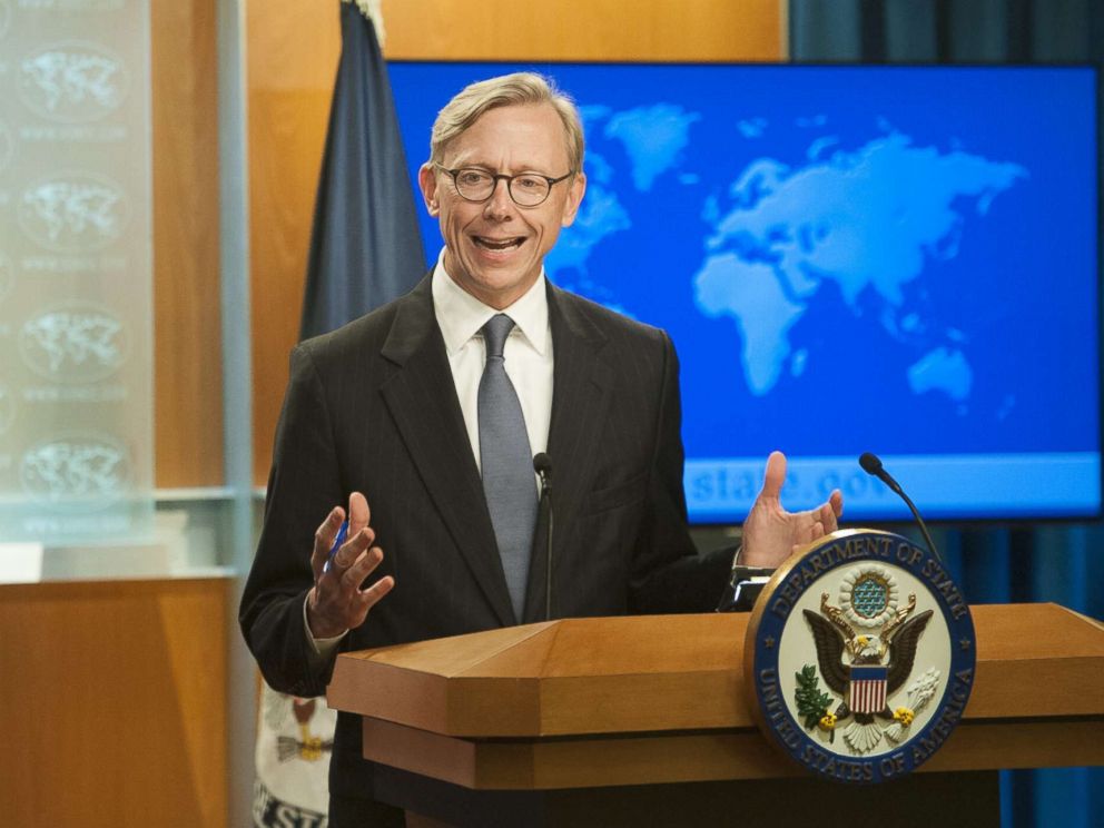 PHOTO: Director of Policy Planning Brian Hook fields questions from journalists during the announcement of the creation of the Iran Action Group at the Department of State on Aug. 16, 2018 in Washington.