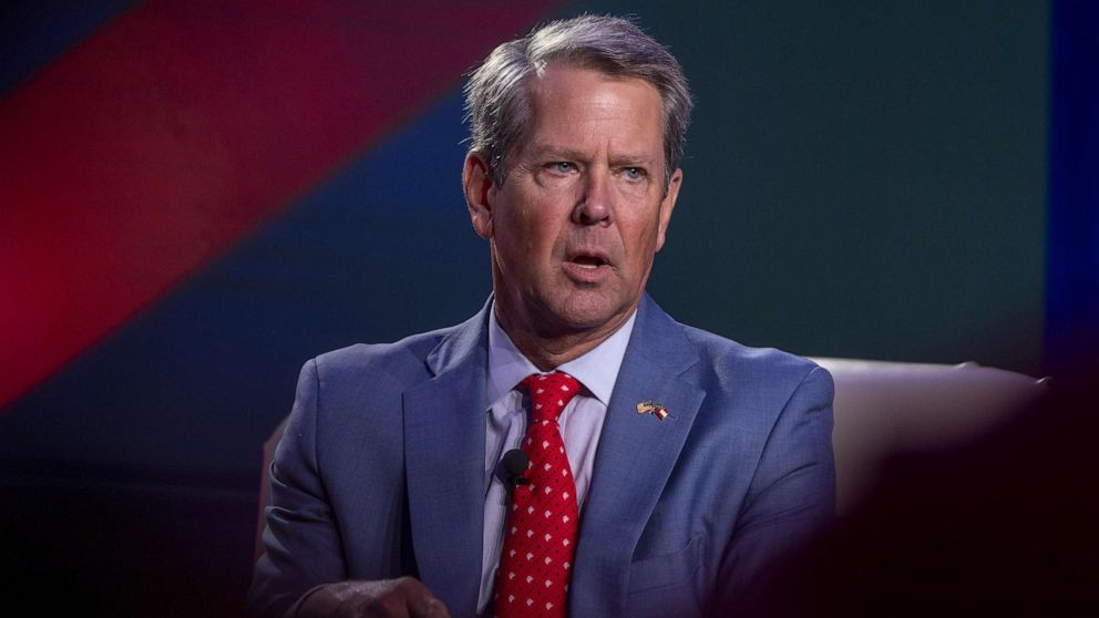 PHOTO: Brian Kemp, governor of Georgia, speaks during Erick Erickson's The Gathering event in Atlanta on Aug. 18, 2023.