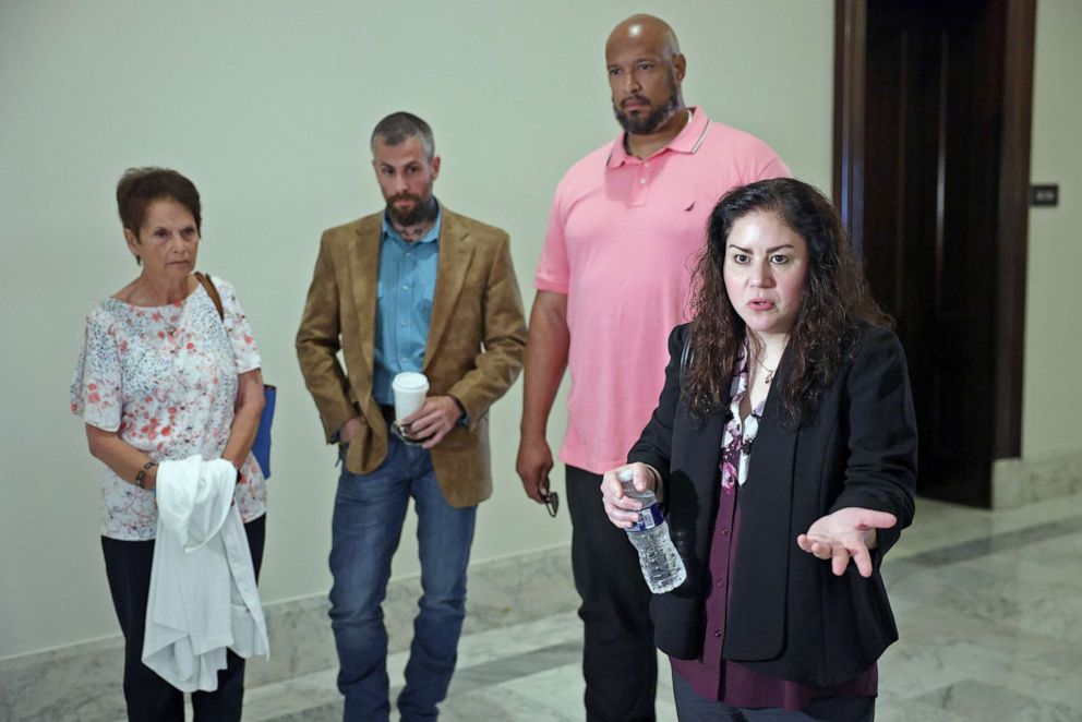 PHOTO: Sandra Garza, the partner of the late Capitol Police Officer Brian Sicknick and Sicknick's mother Gladys Sicknick and Police Officers Michael Fanone and Harry Dunn speak to the media after meeting with Sen. Mitt Romney, May 27, 2021 in Washington.