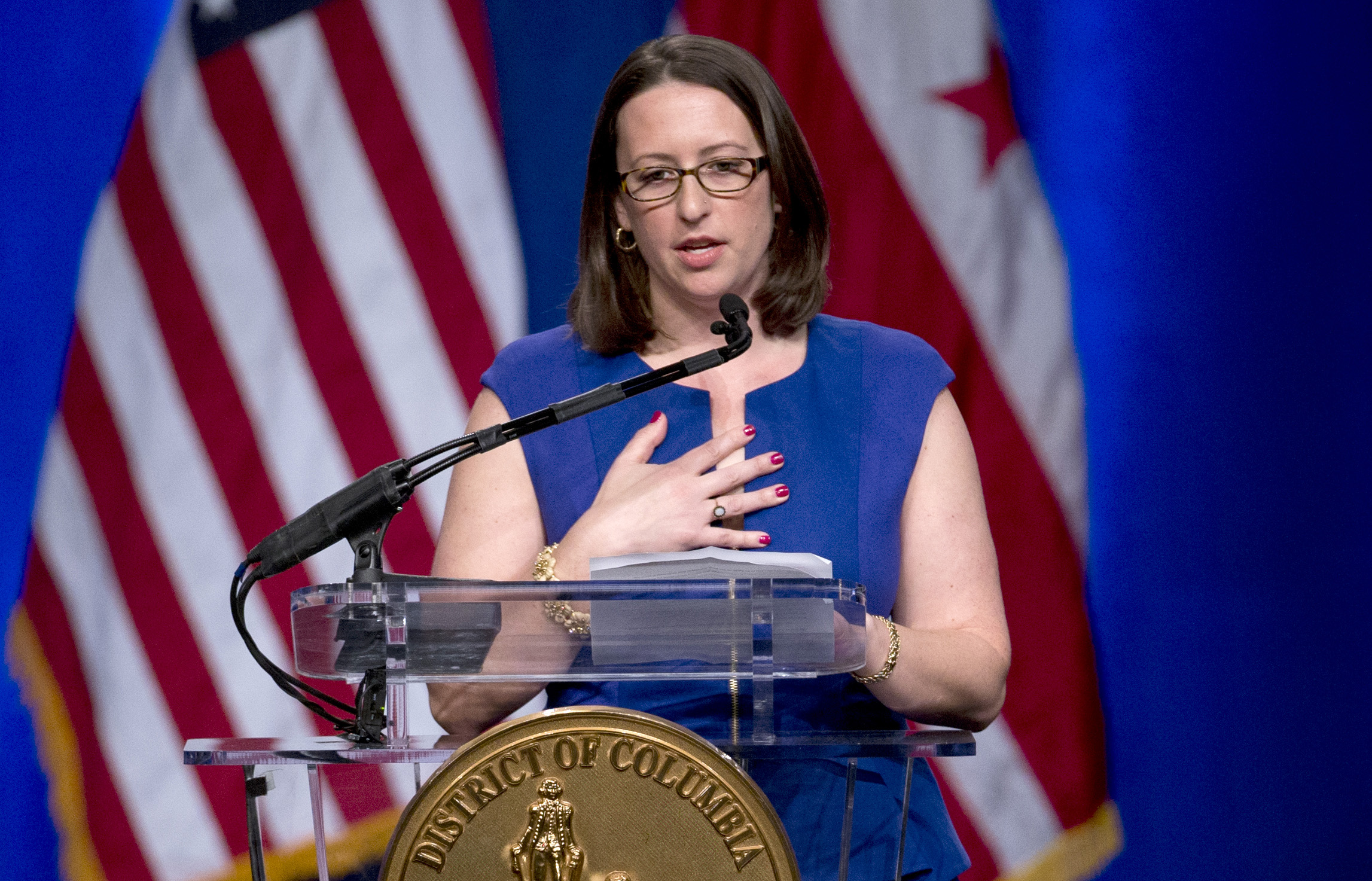 PHOTO: Ward One Councilmember Brianne Nadeau speaks during the 2015 District of Columbia Inauguration ceremony at the Convention Center in Washington, Jan. 2, 2015.