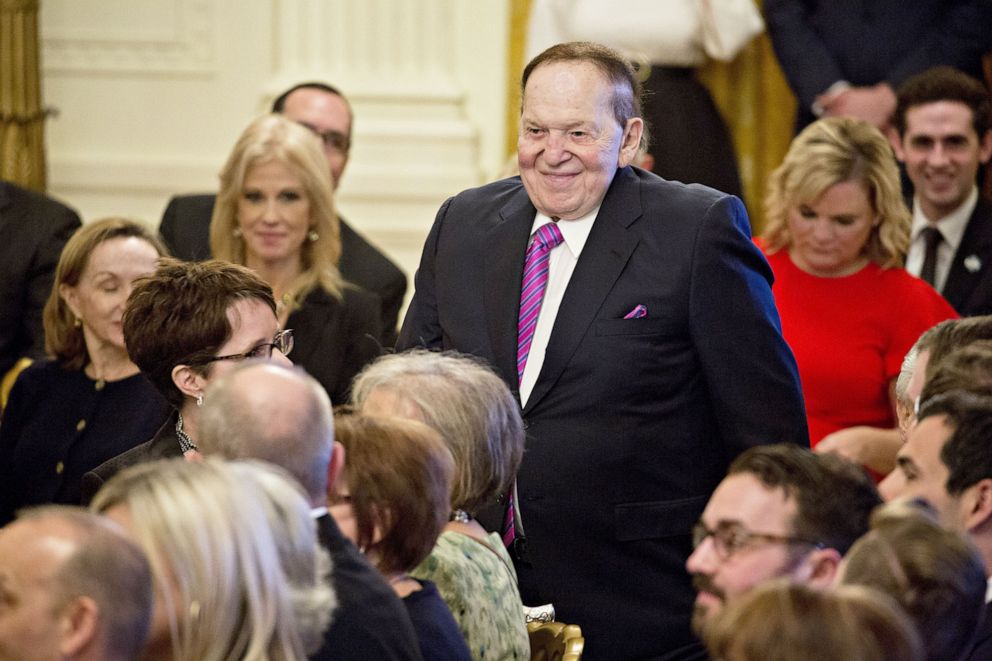 PHOTO: Billionaire Sheldon Adelson, chairman and chief executive officer of Las Vegas Sands Corp., stands during a Presidential Medal of Freedom ceremony in the East Room of the White House, Nov. 16, 2018. 