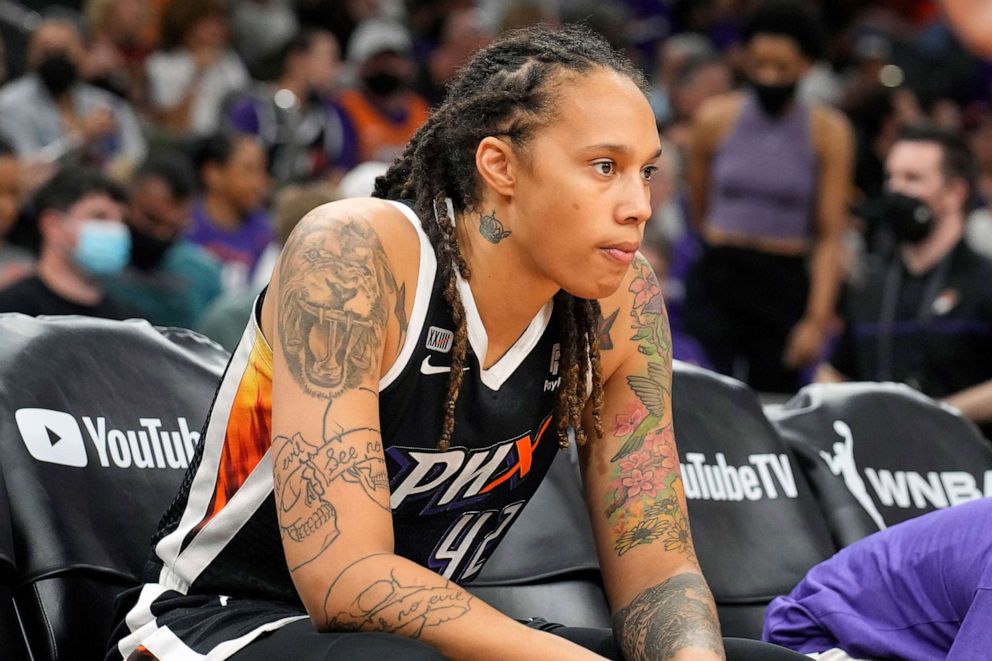 PHOTO: Phoenix Mercury center Brittney Griner sits during the first half of Game 2 of basketball's WNBA Finals against the Chicago Sky, Wednesday, Oct. 13, 2021, in Phoenix.