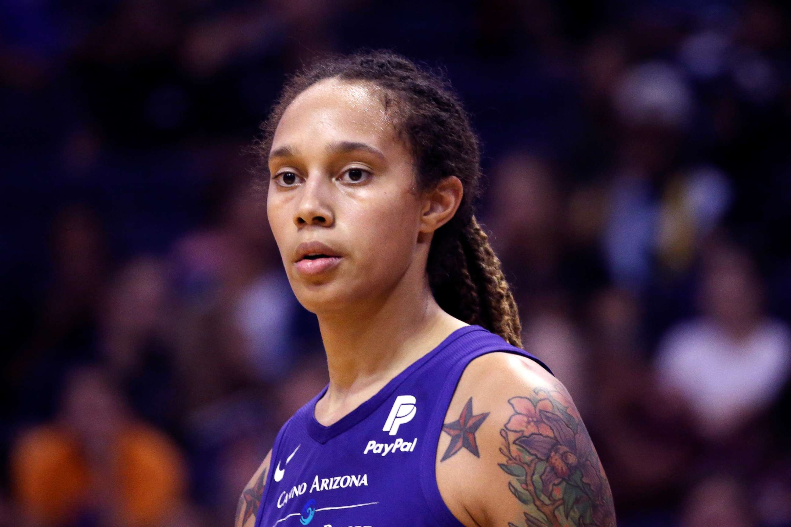 PHOTO: Phoenix Mercury center Brittney Griner pauses during a game, Sept. 3, 2019, in Phoenix. Griner is easily the most prominent American citizen known to be jailed by a foreign government.