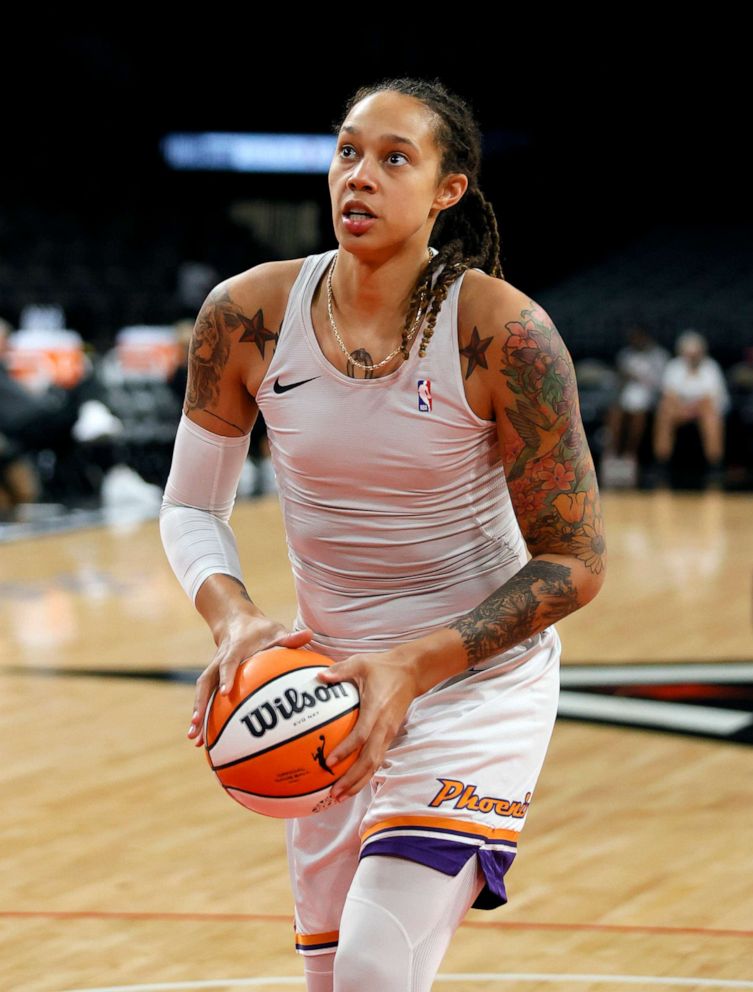PHOTO: In this Oct. 8, 2021, file photo, Brittney Griner of the Phoenix Mercury warms up before Game Five of the 2021 WNBA Playoffs semifinals against the Las Vegas Aces at Michelob ULTRA Arena in Las Vegas.