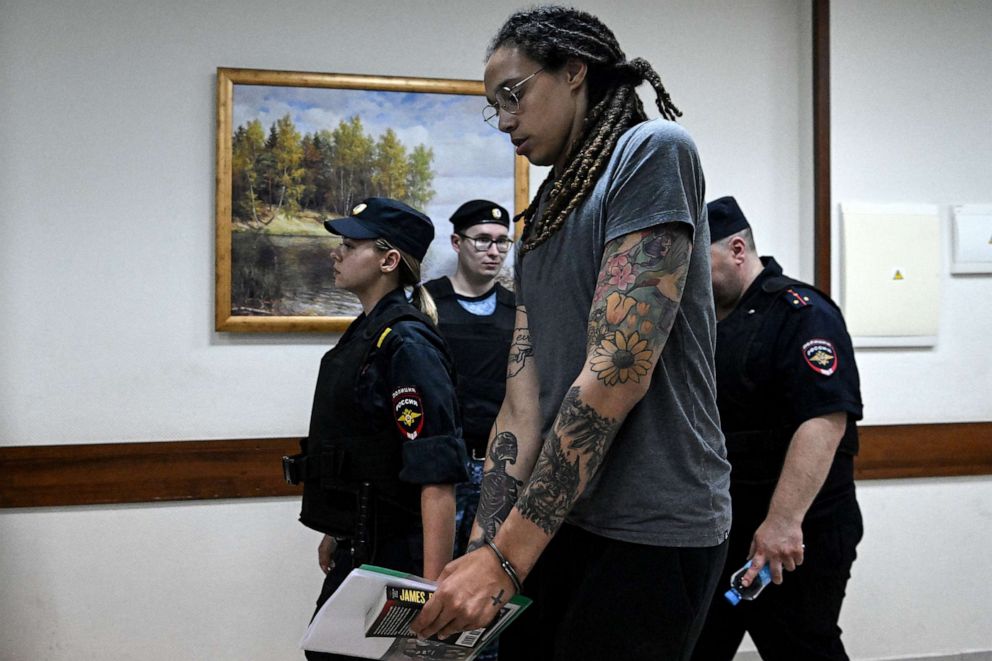 PHOTO: Women's National Basketball Association (WNBA) basketball player Brittney Griner leaves the courtroom after the court's verdict in Khimki outside Moscow, on August 4, 2022.