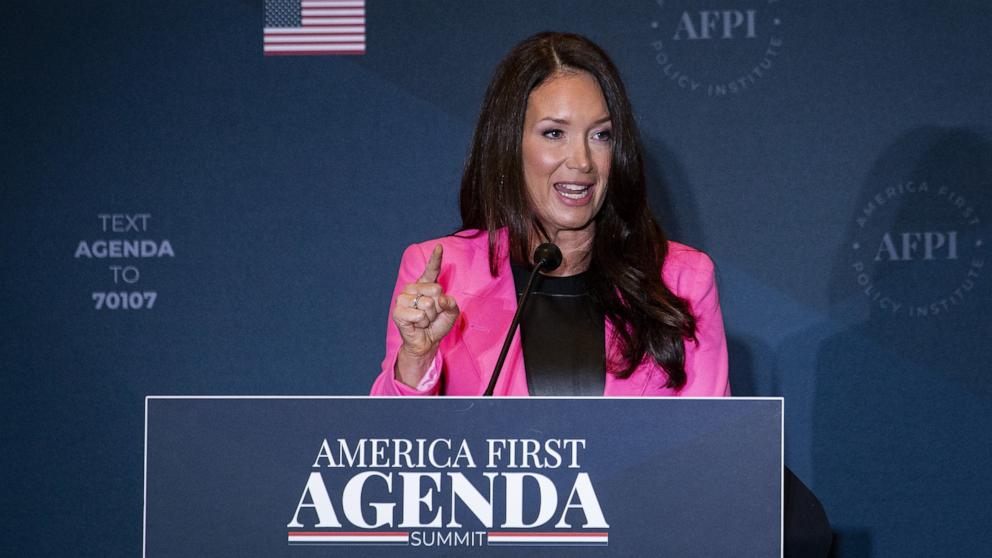 PHOTO: In this July 25, 2022, file photo, Brooke Rollins, president and chief executive officer of the America First Policy Institute, speaks during the America First Policy Institute's America First Agenda summit in Washington, D.C.