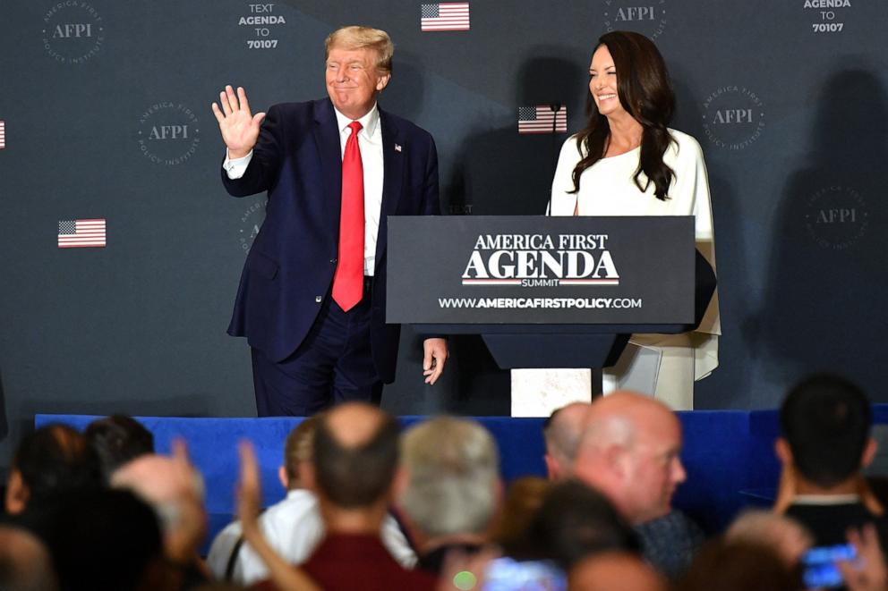 PHOTO: In this July 26, 2022, file photo, Brooke Rollins, AFPI President & CEO, watches as former President Donald Trump makes his way off stage after speaking at the America First Policy Institute Agenda Summit in Washington, D.C.