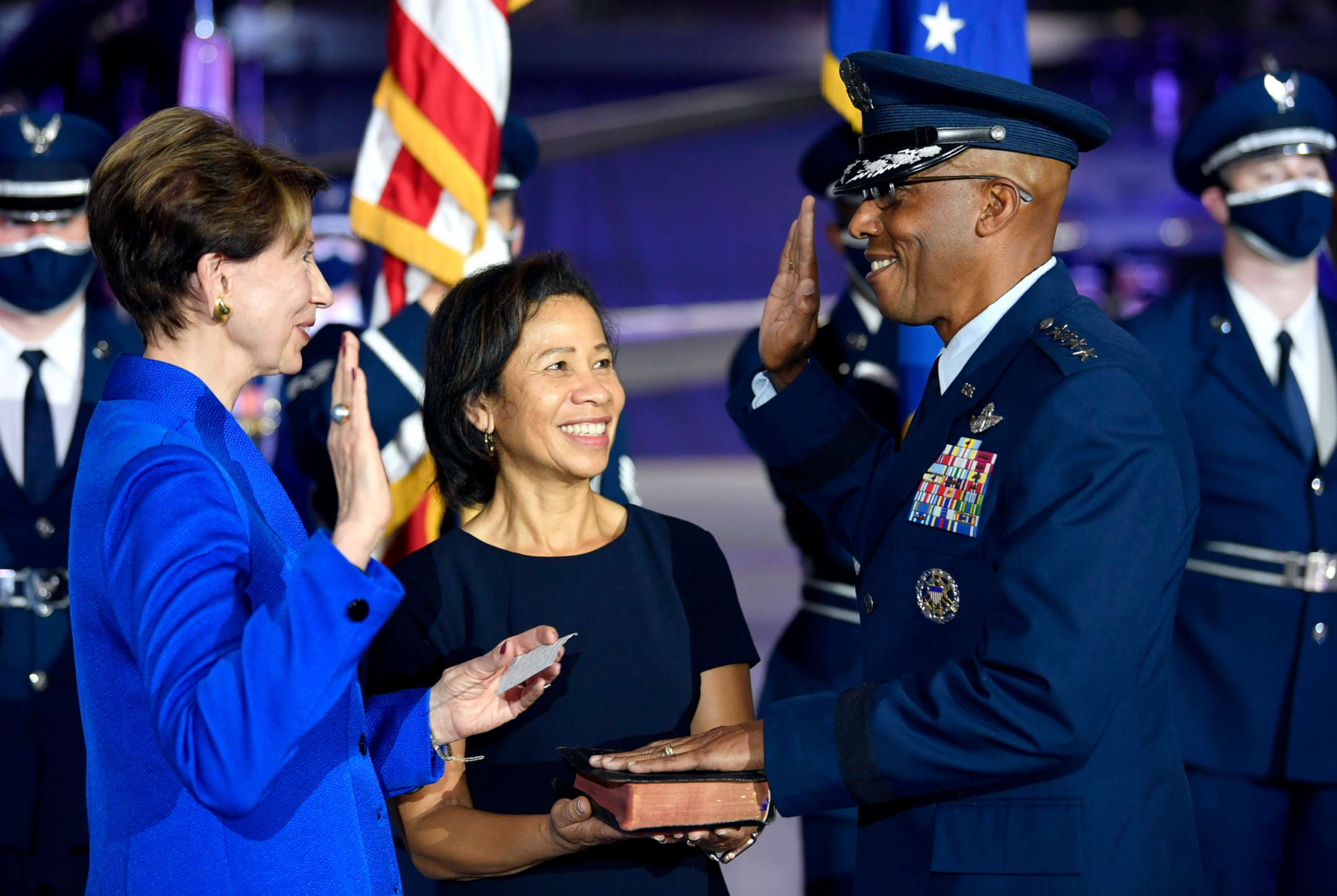 PHOTO: Secretary of the Air Force Barbara M. Barrett administers the oath of office to incoming Air Force Chief of Staff Gen. Charles Q. Brown Jr.during the CSAF Transfer of Responsibility ceremony at Joint Base Andrews, Md., Aug. 6, 2020. 