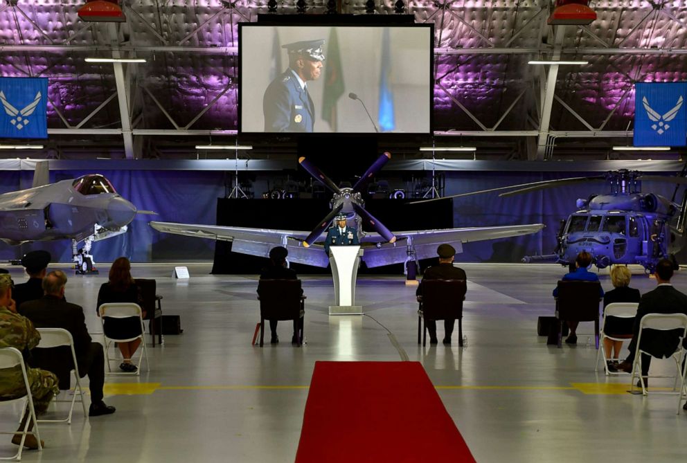 PHOTO:Incoming Air Force Chief of Staff General Charles Q. Brown Jr. speaks during the CSAF Transfer of Responsibility ceremony at Joint Base Andrews, Md., Aug. 6, 2020. 