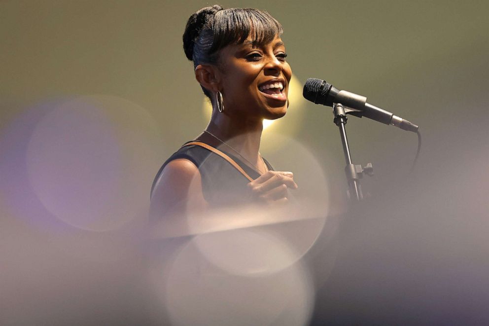 PHOTO: Cuyahoga Councilwoman and congressional candidate Shontel Brown speaks during a Souls to the Polls rally at Sanctuary Baptist Church on Aug. 01, 2021, in Cleveland, Ohio.