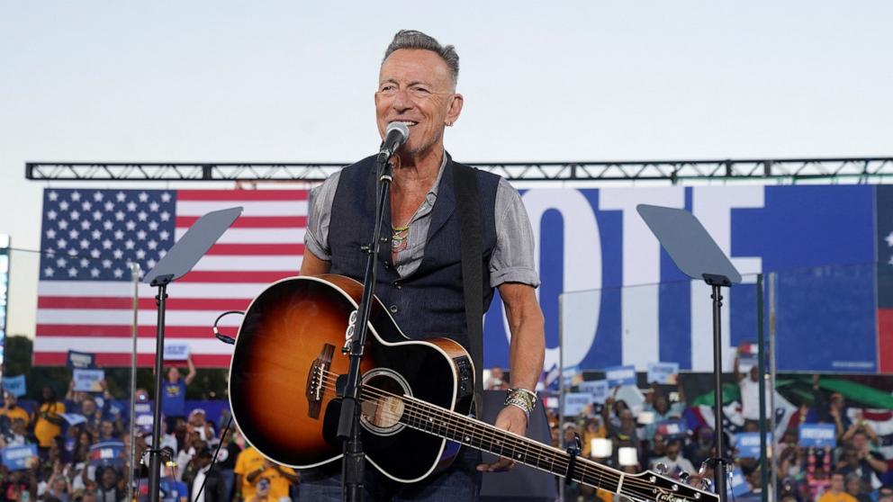 PHOTO: Bruce Springsteen performs during a rally for Democratic presidential nominee Vice President Kamala Harris in Atlanta, Oct. 24, 2024.