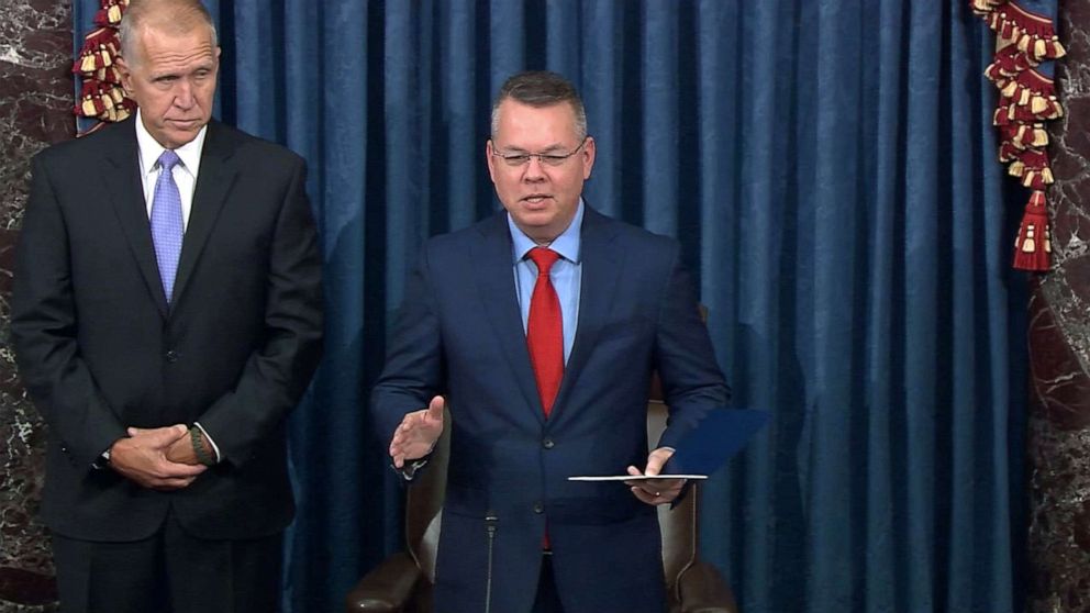 PHOTO: Pastor Andrew Brunson gives the opening prayer from the Senate floor, Oct. 15, 2019, in Washington, D.C. Brunson was released from a Turkish prison in 2018 after nearly two years in detention.