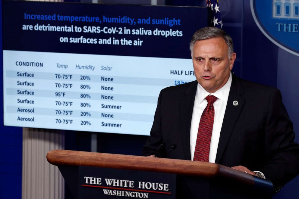 PHOTO: Bill Bryan, head of science and technology at the Department of Homeland Security, speaks about the coronavirus in the James Brady Press Briefing Room of the White House, April 23, 2020, in Washington.